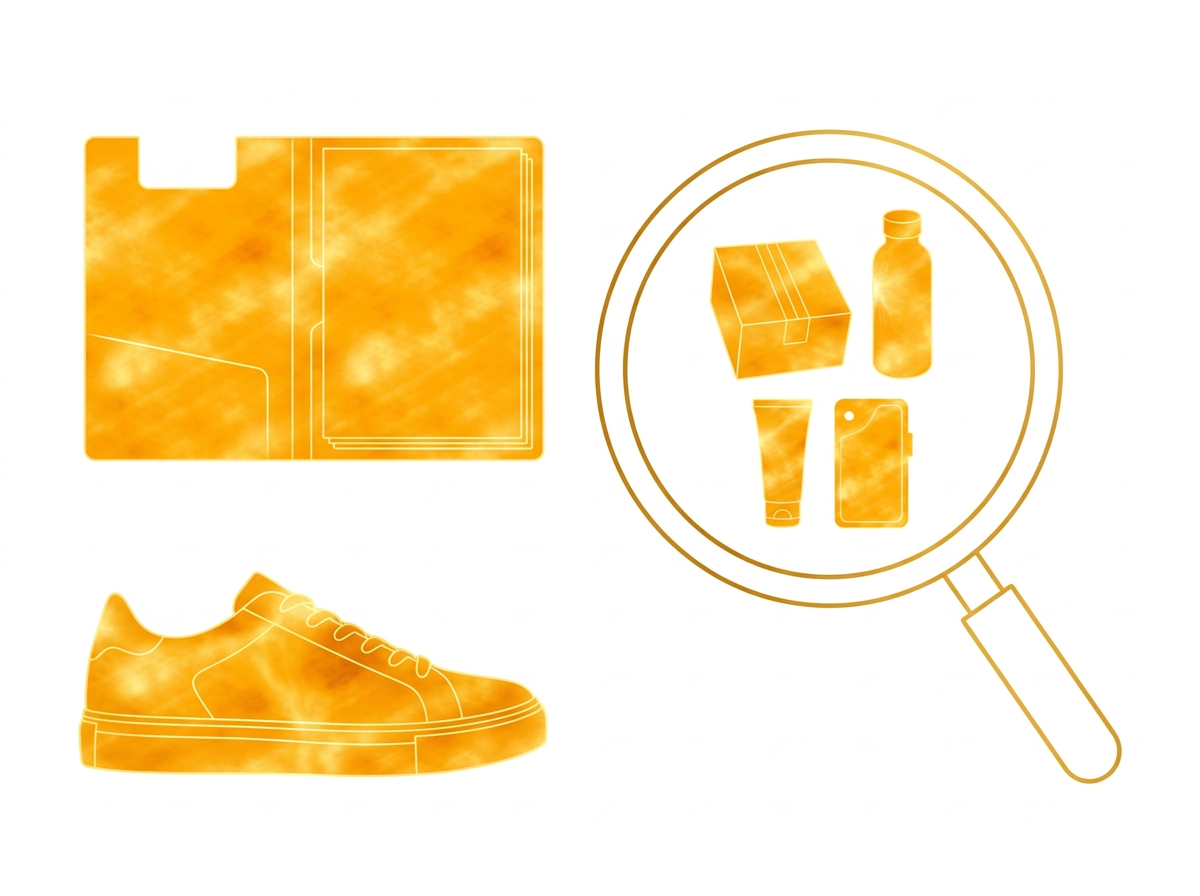 Consumer products and a blank audit folder under a magnifying glass