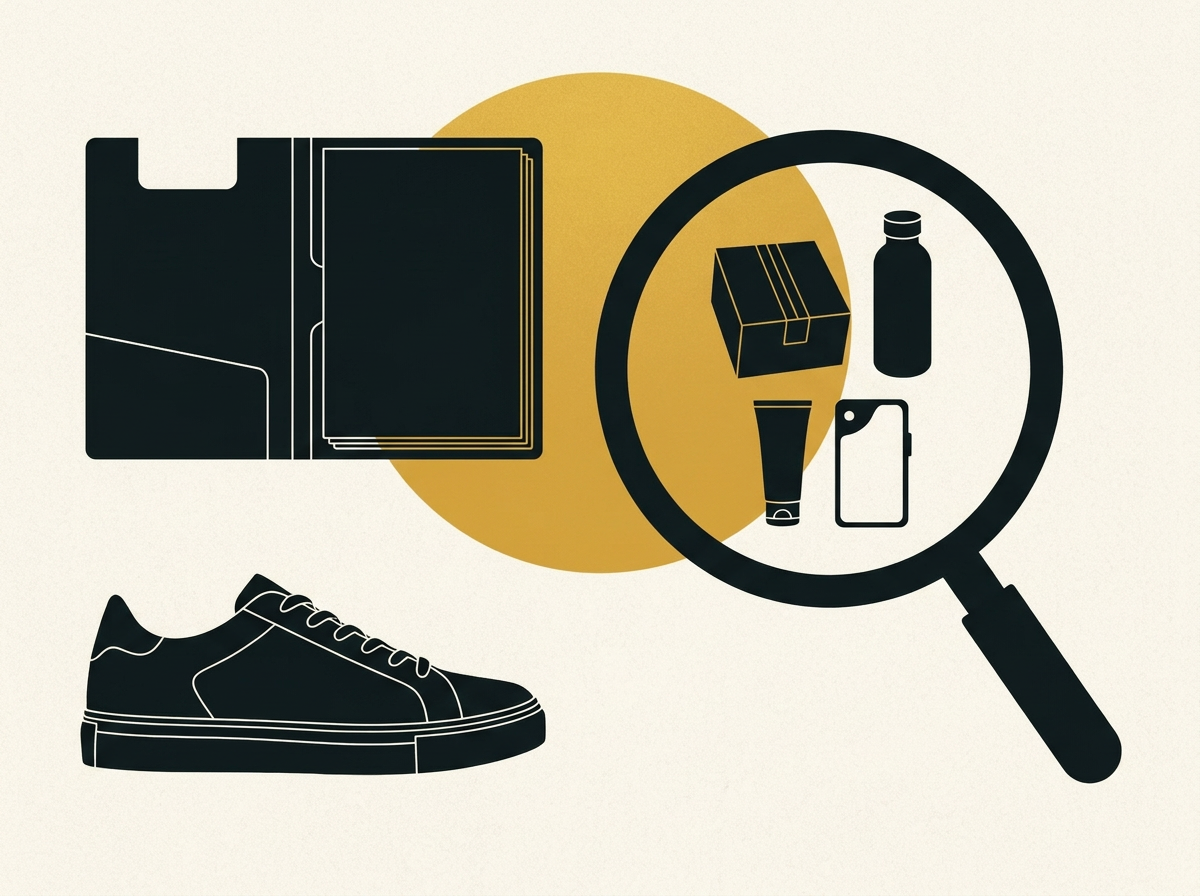 Consumer products and a blank audit folder under a magnifying glass