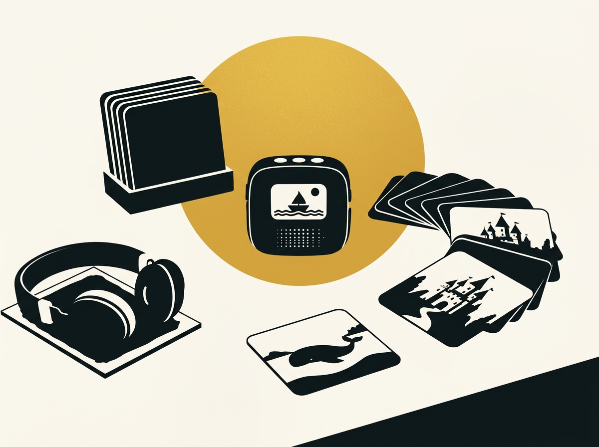 A children's audio player surrounded by a growing shelf of illustrated story cards